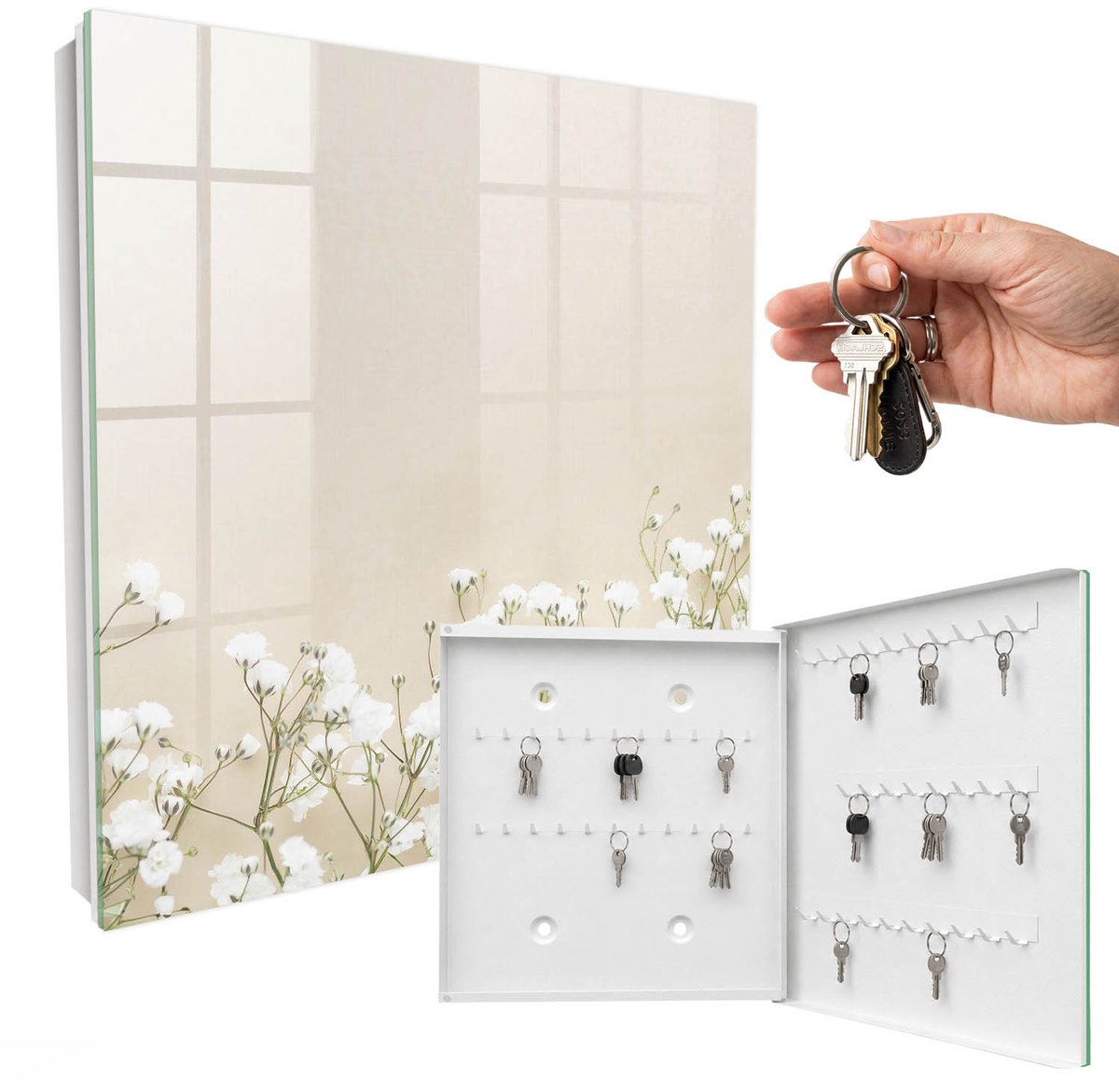 WallMuralia - Sleutelkast - 30x30x5 cm - met 50 haken - Subtiliteit Van Bloemen Sleutelkastje Binnen - Beige Sleutelbox - Rechtsopenend - Wit interieur