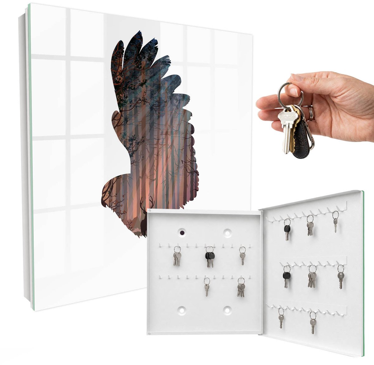 WallMuralia - Sleutelkast - 30x30x5 cm - met 50 haken - Bosvogel Sleutelkastje Industrieel - Bruin Sleutelbox - Rechtsopenend - Wit interieur