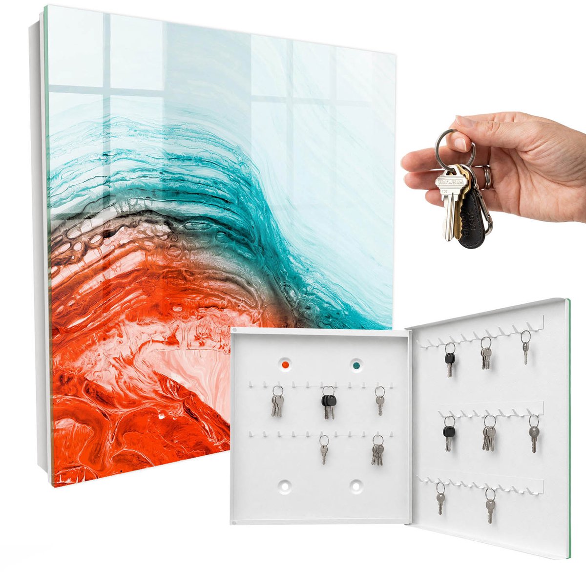 WallMuralia - Sleutelkast - 30x30x5 cm - met 50 haken - Kleurrijke Emoties Leuk Sleutelkastje - Turkoois Sleutelbox - Rechtsopenend - Wit interieur