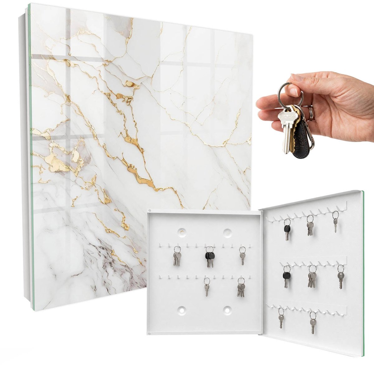 WallMuralia - Sleutelkast - 30x30x5 cm - met 50 haken - Prachtig Marmerpatroon Sleutelkastje Modern - Wit Sleutelbox - Rechtsopenend - Wit interieur