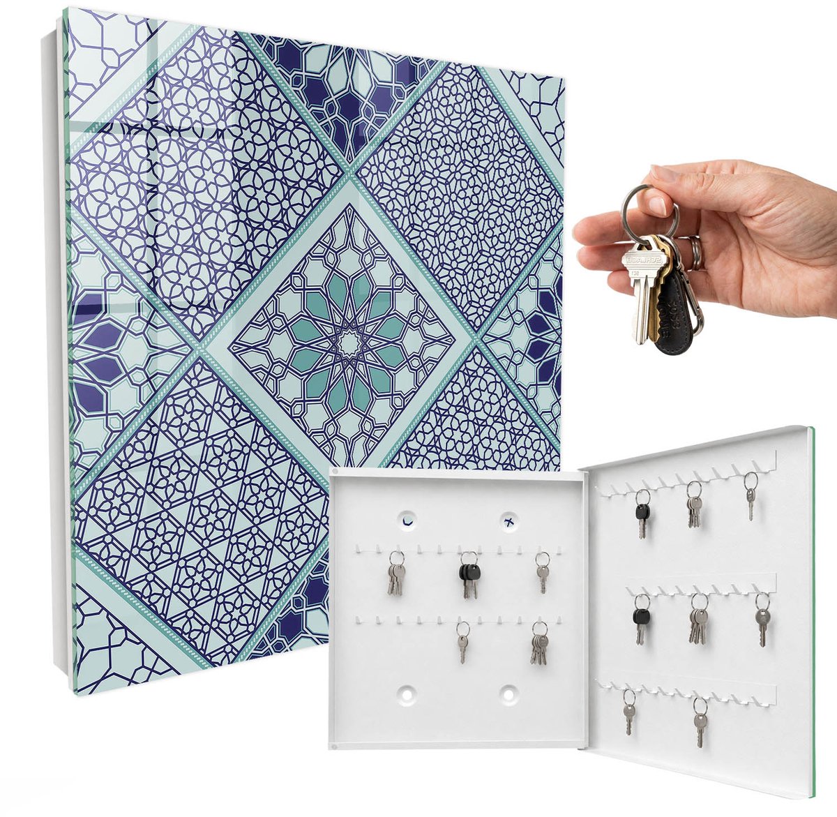 WallMuralia - Sleutelkast - 30x30x5 cm - met 50 haken - Geometrisch Patroon Sleutelkastje Binnen - Blauw Sleutelbox - Rechtsopenend - Wit interieur