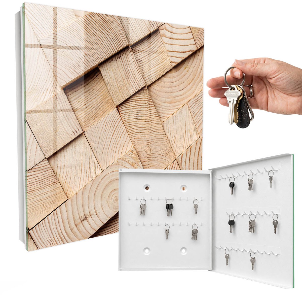 WallMuralia - Sleutelkast - 30x30x5 cm - met 50 haken - Houtstructuur Sleutelkastje Klein - Beige Sleutelbox - Rechtsopenend - Wit interieur