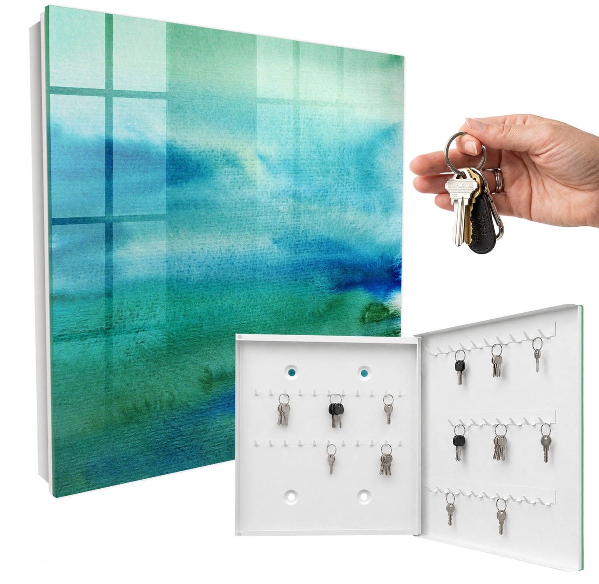 WallMuralia - Sleutelkast - 30x30x5 cm - met 50 haken - Aquarelblauw Sleutelkastje Modern - Blauw Sleutelbox - Rechtsopenend - Wit interieur