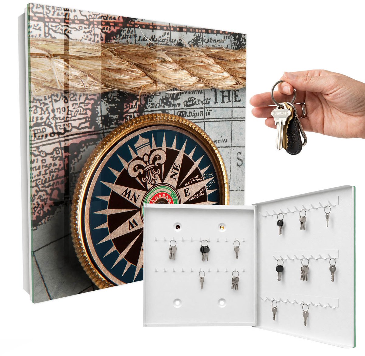 WallMuralia - Sleutelkast - 30x30x5 cm - met 50 haken - Reiskaart Sleutelkastje Gang - Bruin Sleutelbox - Rechtsopenend - Wit interieur