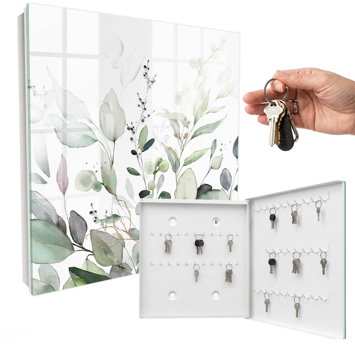 WallMuralia - Sleutelkast - 30x30x5 cm - met 50 haken - Groene Elegantie Sleutelkastje Klein - Groente Sleutelbox - Rechtsopenend - Wit interieur