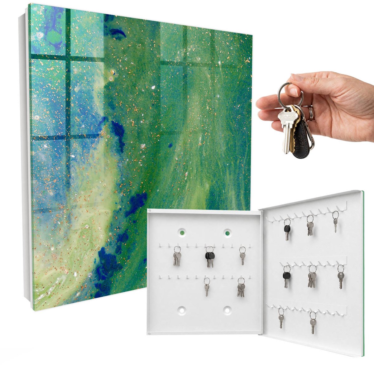 WallMuralia - Sleutelkast - 30x30x5 cm - met 50 haken - Abstracte Natuur Sleutelkastje Huis - Groente Sleutelbox - Rechtsopenend - Wit interieur