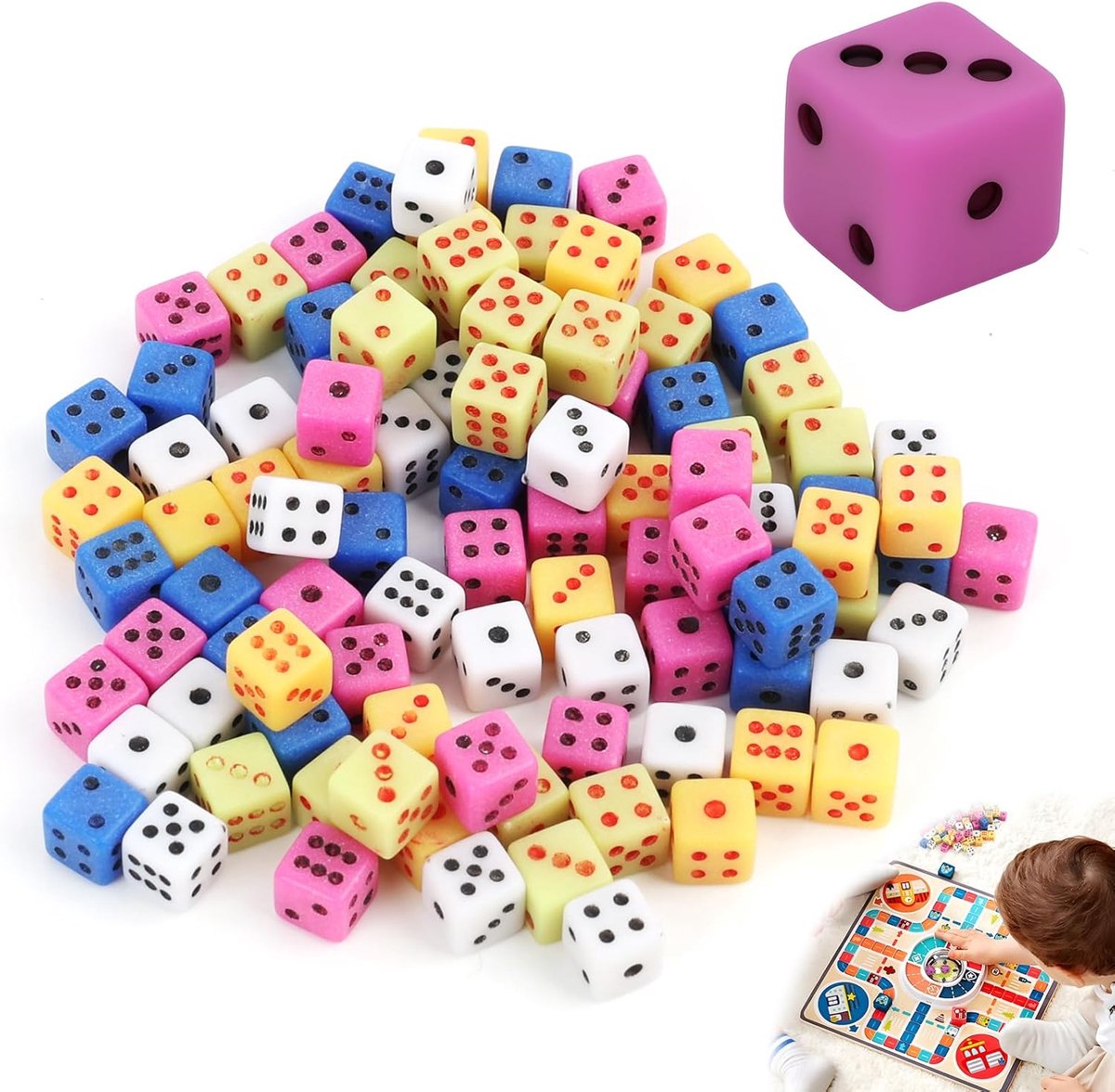 Set van 100 mini-dobbelstenen, D6, vierkant, 5 mm, voor bordspellen, speldobbelstenen, educatieve wiskunde-activiteiten, casino-themafeesten en feesten, 5 verschillende kleuren
