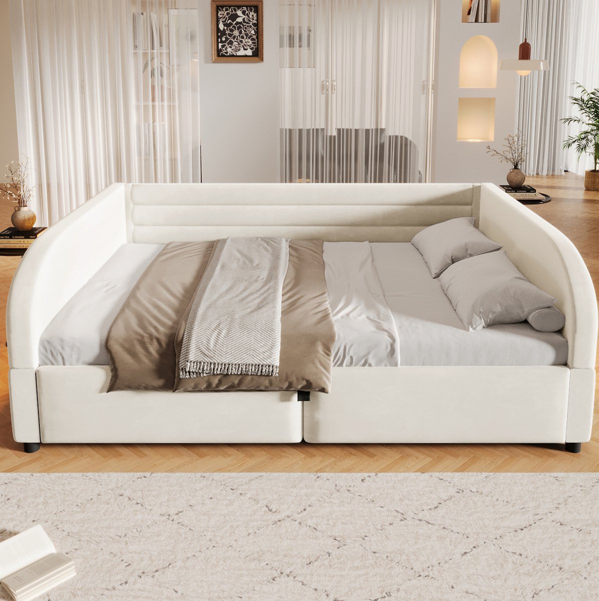 FloraGrace Gestoffeerd Bed 140x200 cm - Hydraulisch Opbergbed Met LED Verlichting - Met Opbergruimte - Stof - Beige - Zonder Matras