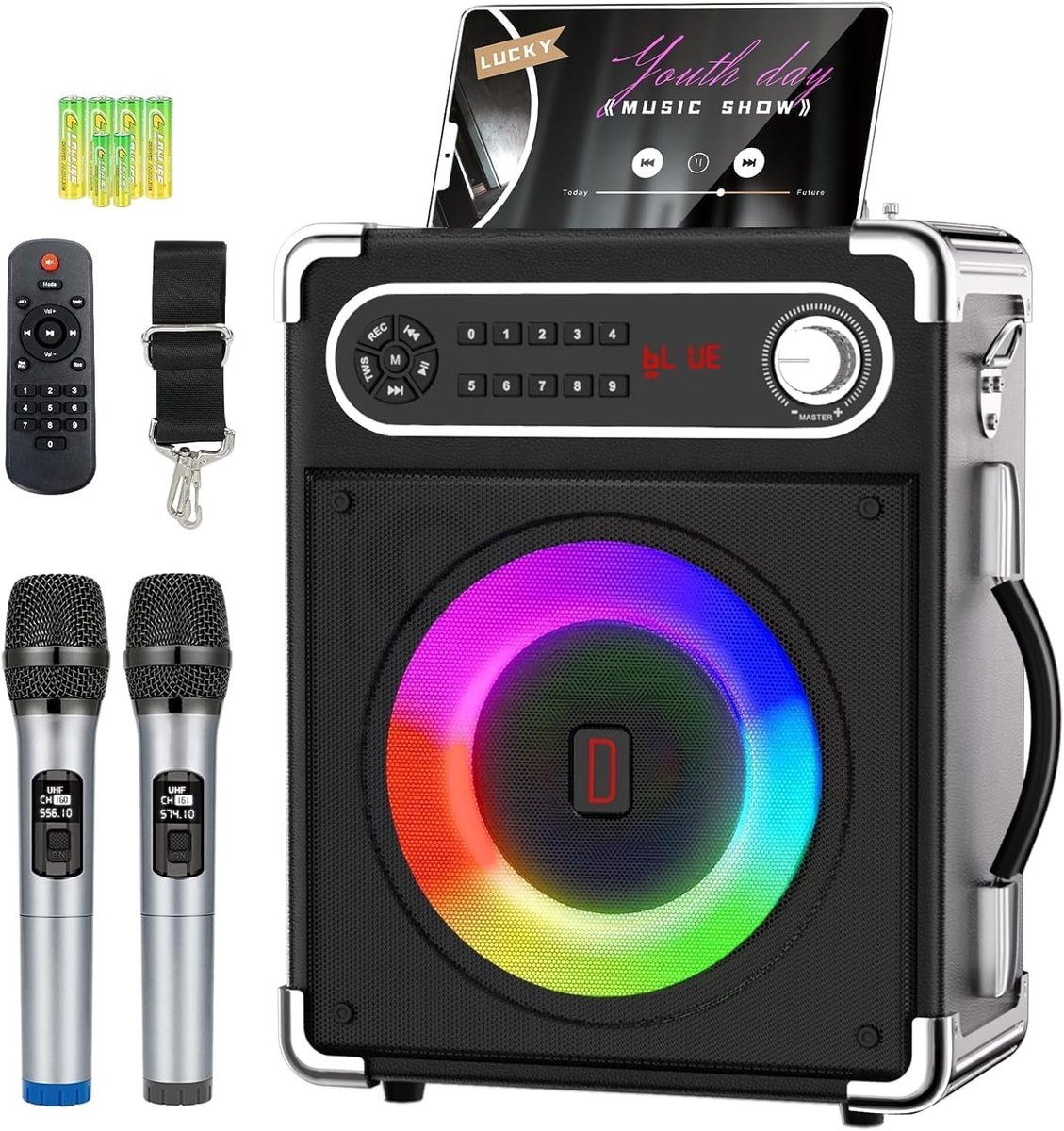 Karaoke Set met 2 Draadloze Microfoons en LED-verlichting - Draagbaar Bluetooth 5.3 PA-systeem met Afstandsbediening en Discolichten