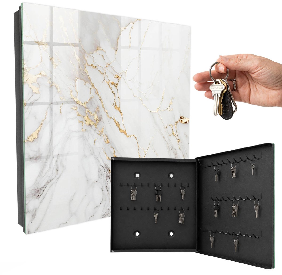 WallMuralia - Sleutelkast - 30x30x5 cm - met 50 haken - Marmeren Elegantie Sleutelkastje Landelijk - Wit Sleutelbox - Rechtsopenend - Zwart interieur