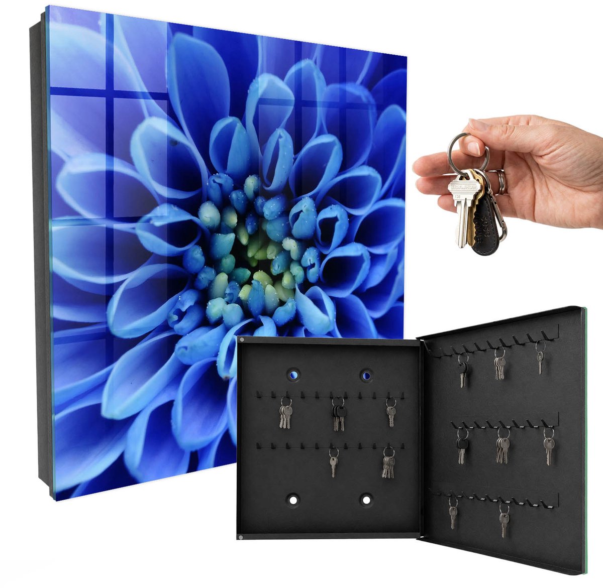 WallMuralia - Sleutelkast - 30x30x5 cm - met 50 haken - Blauwe Bloem Sleutelkastje Binnen - Blauw Sleutelbox - Rechtsopenend - Zwart interieur