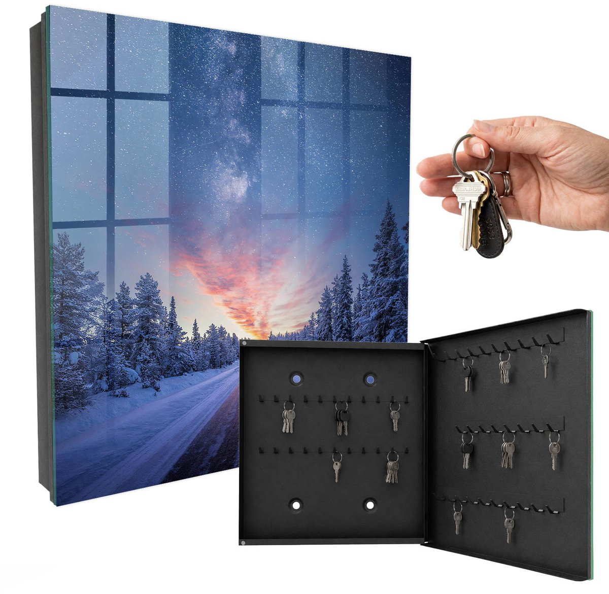 WallMuralia - Sleutelkast - 30x30x5 cm - met 50 haken - Sterren Boven De Weg Groot Sleutelkastje - Blauw Sleutelbox - Rechtsopenend - Zwart interieur