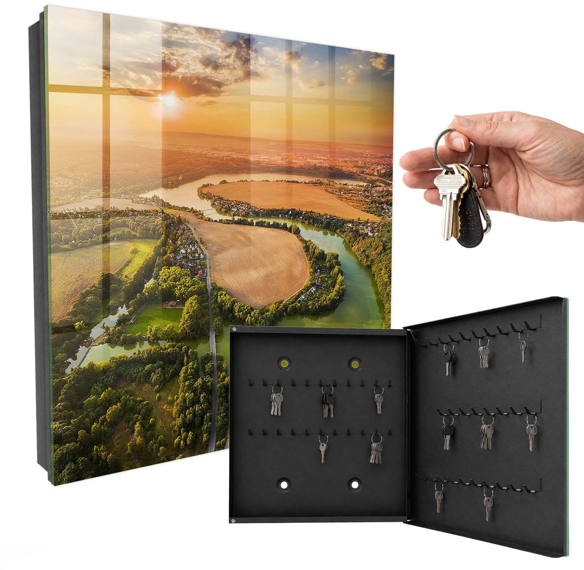 WallMuralia - Sleutelkast - 30x30x5 cm - met 50 haken - Natuurlandschap Sleutelkastje - Groente Sleutelbox - Rechtsopenend - Zwart interieur
