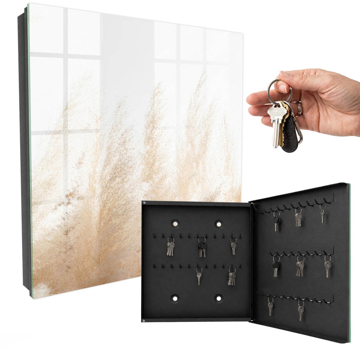 WallMuralia - Sleutelkast - 30x30x5 cm - met 50 haken - Rustgevende Natuur Sleutelkastje Binnen - Romig Sleutelbox - Rechtsopenend - Zwart interieur