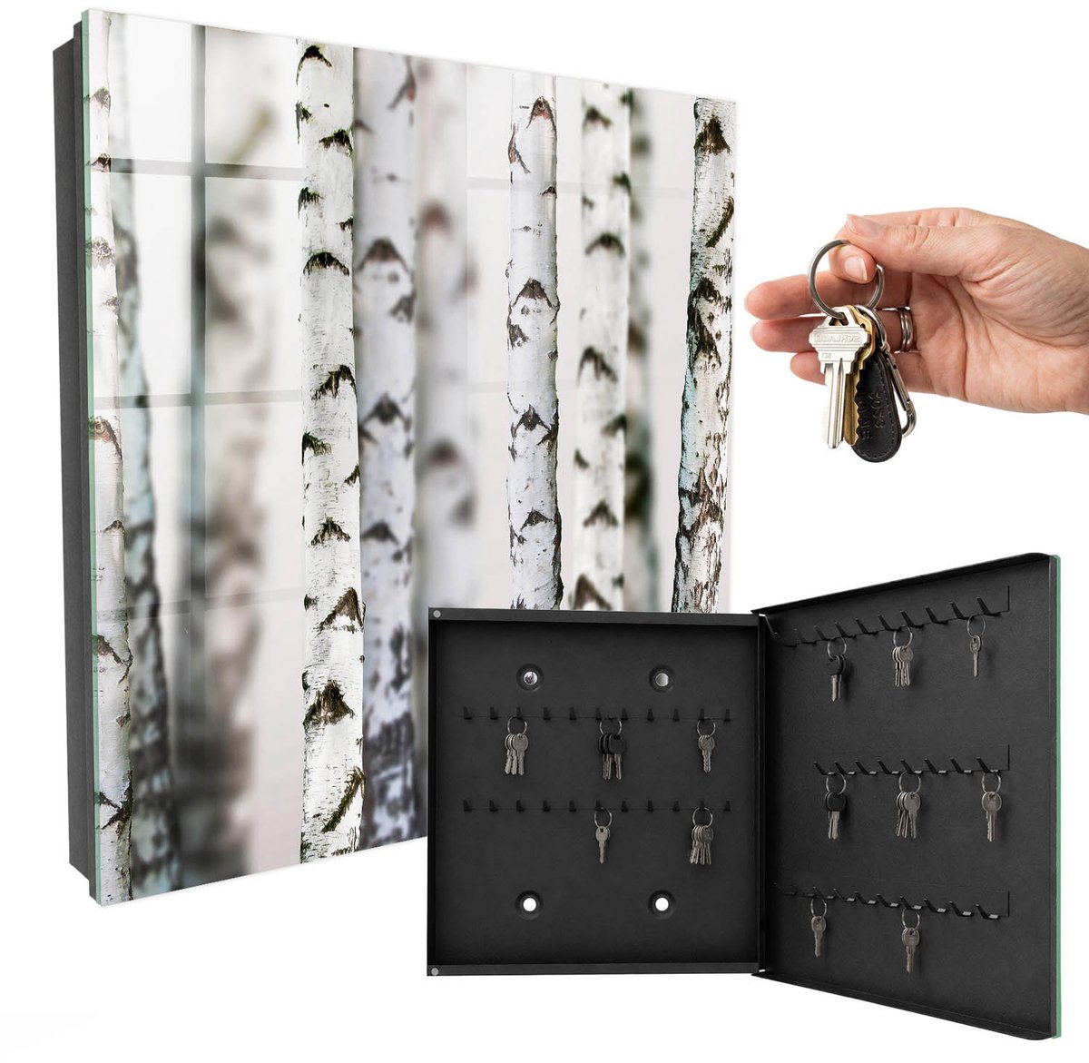 WallMuralia - Sleutelkast - 30x30x5 cm - met 50 haken - Berkenstammen Sleutelkastje Hal - Wit Sleutelbox - Rechtsopenend - Zwart interieur