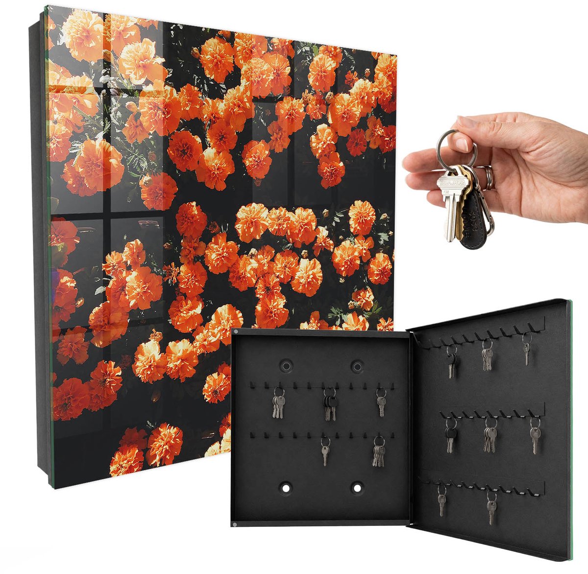WallMuralia - Sleutelkast - 30x30x5 cm - met 50 haken - Bloeiende Overvloed Design Sleutelkastje - Oranje Sleutelbox - Rechtsopenend - Zwart interieur