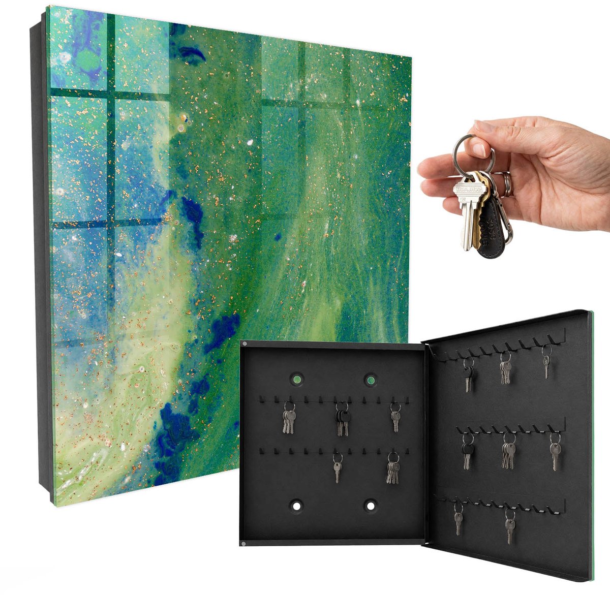 WallMuralia - Sleutelkast - 30x30x5 cm - met 50 haken - Abstracte Natuur Sleutelkastje Design - Groente Sleutelbox - Rechtsopenend - Zwart interieur