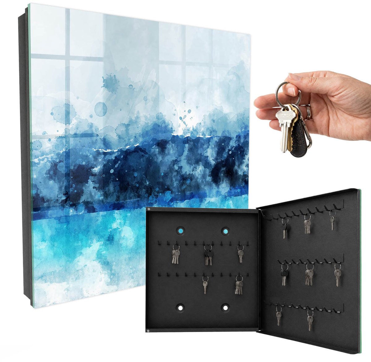 WallMuralia - Sleutelkast - 30x30x5 cm - met 50 haken - Turkoois Landschap Leuk Sleutelkastje - Blauw Sleutelbox - Rechtsopenend - Zwart interieur