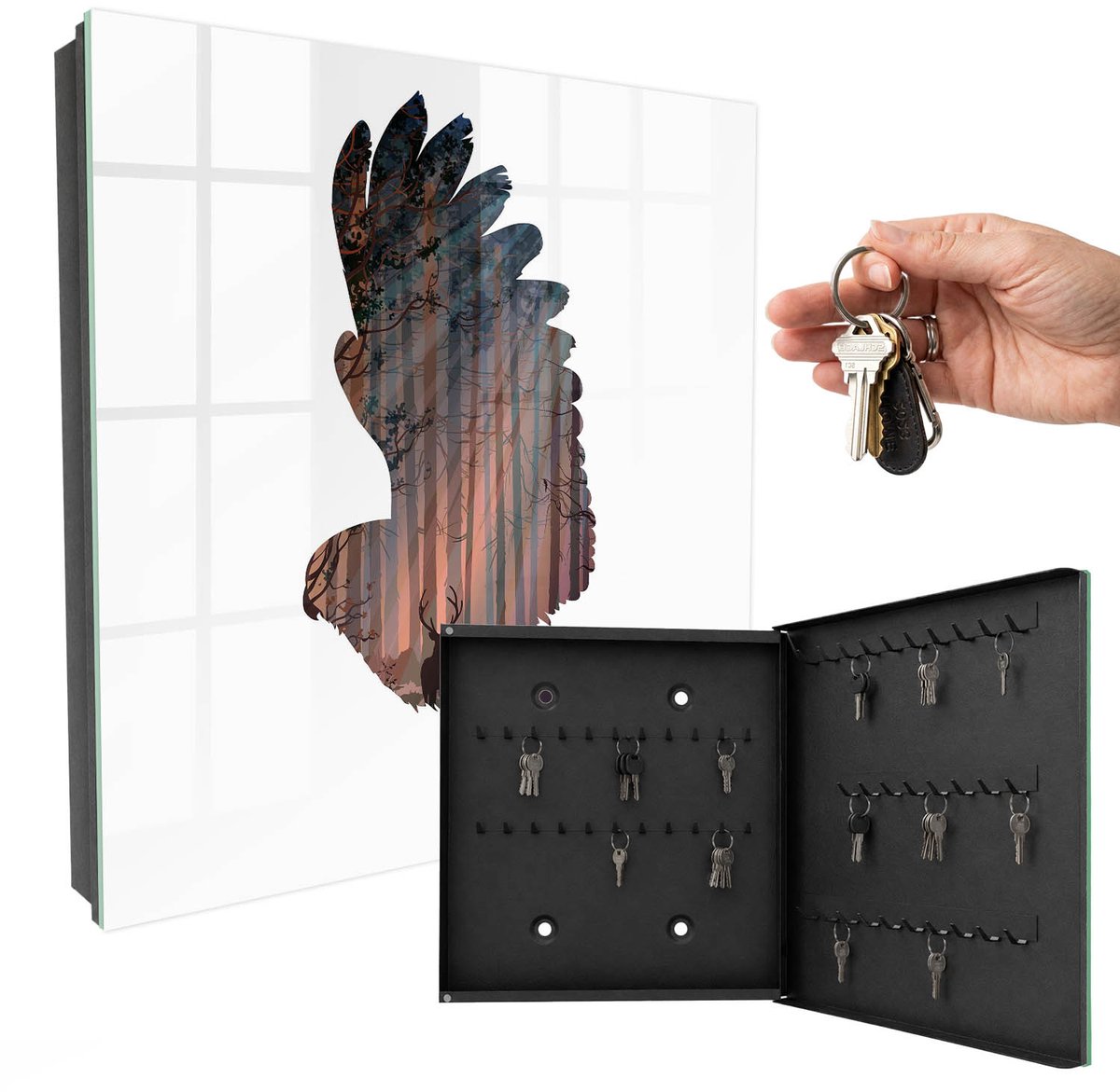 WallMuralia - Sleutelkast - 30x30x5 cm - met 50 haken - Bosvogel Sleutelkastje Modern - Bruin Sleutelbox - Rechtsopenend - Zwart interieur
