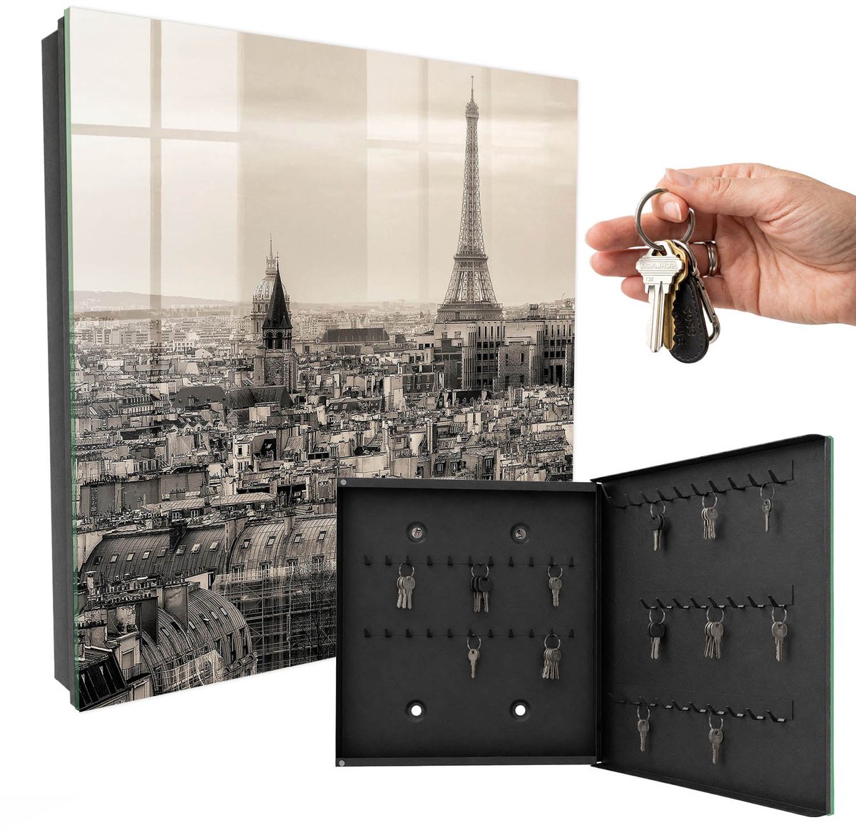 WallMuralia - Sleutelkast - 30x30x5 cm - met 50 haken - Stedelijke Elegantie Sleutelkastje Gang - Grijs Sleutelbox - Rechtsopenend - Zwart interieur