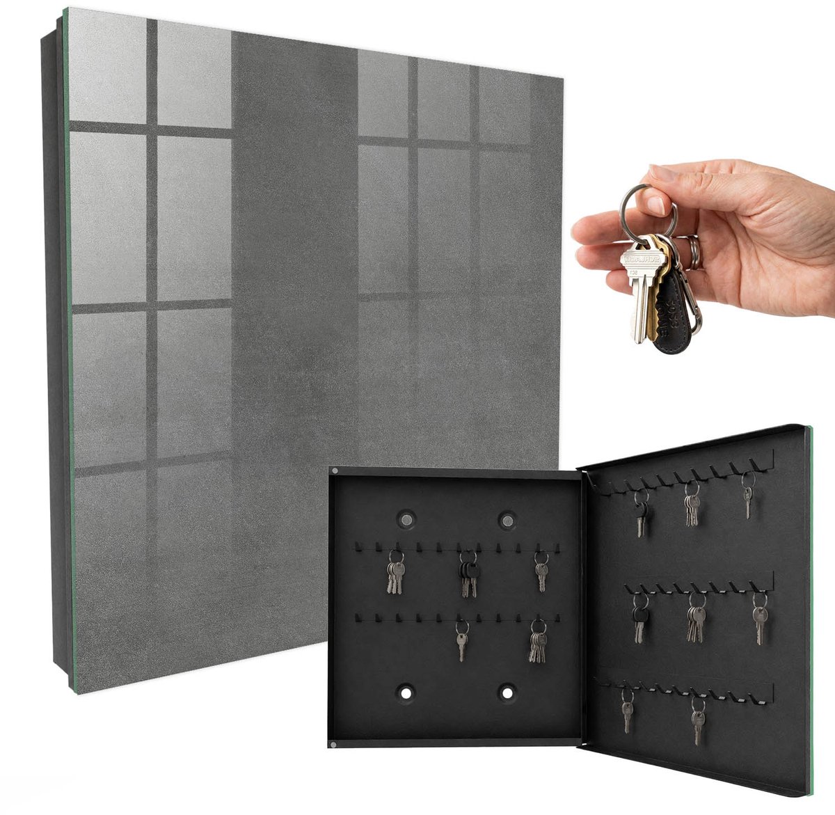 WallMuralia - Sleutelkast - 30x30x5 cm - met 50 haken - Grijze Textuur Sleutelkastje Modern - Grijs Sleutelbox - Rechtsopenend - Zwart interieur