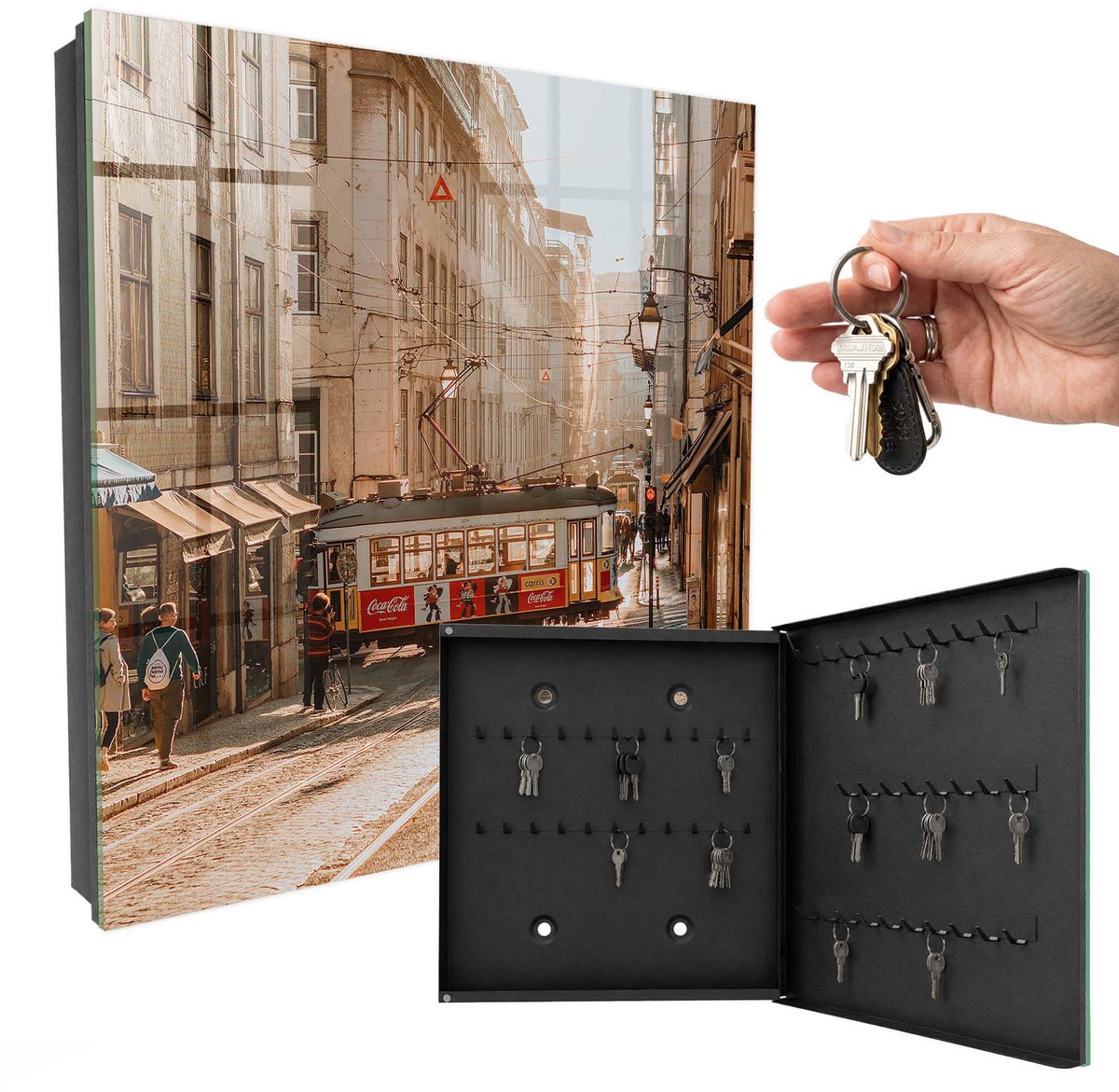 WallMuralia - Sleutelkast - 30x30x5 cm - met 50 haken - Stadsochtend Groot Sleutelkastje - Beige Sleutelbox - Rechtsopenend - Zwart interieur