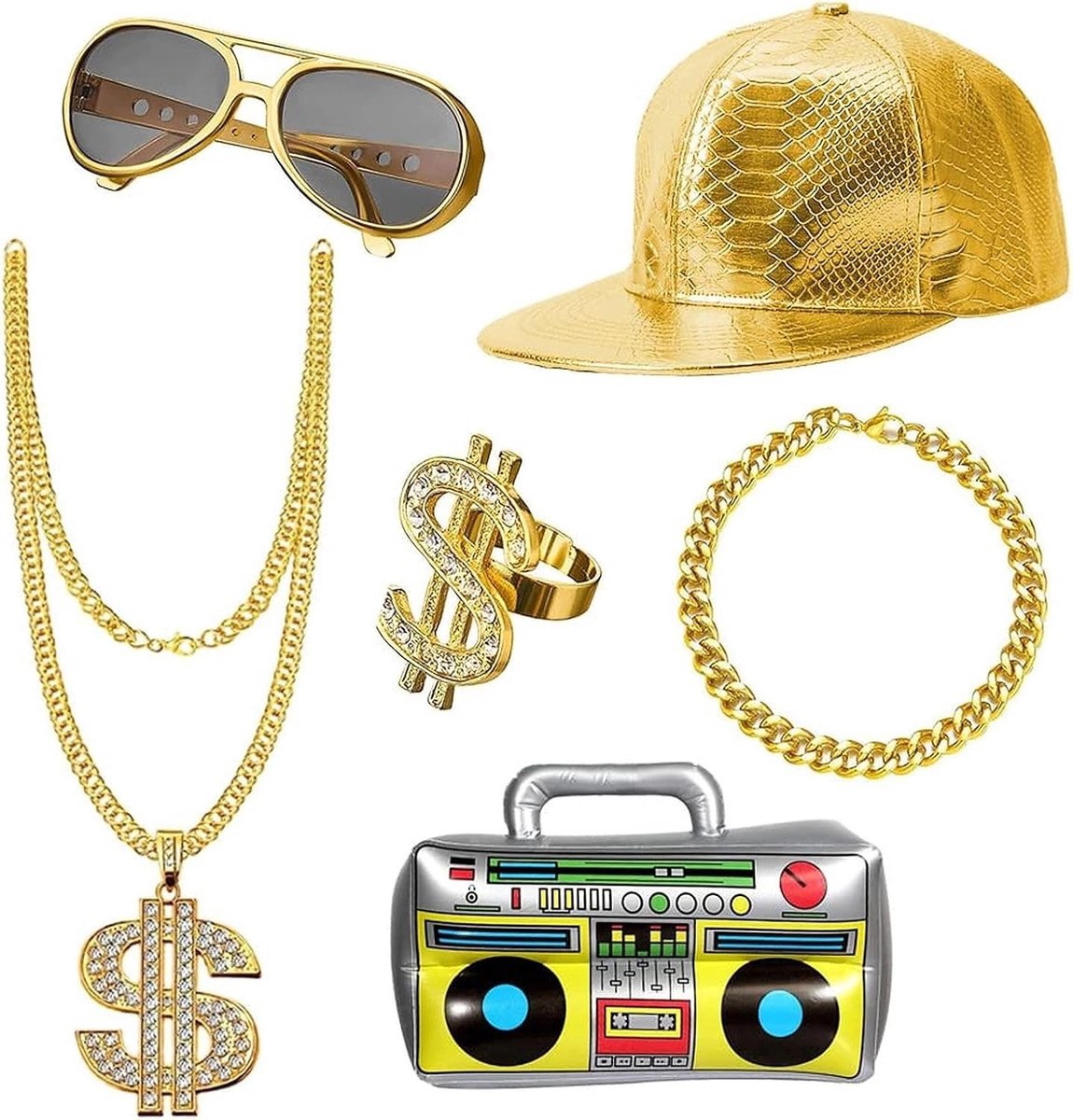 Hip Hop Kostuum Set van 6 met Opblaasbare Radio Boombox, Gouden Pet, Persoonlijke Dollar Ketting, Bril, Armband en Ring, Perfect voor Carnaval en Themafeesten