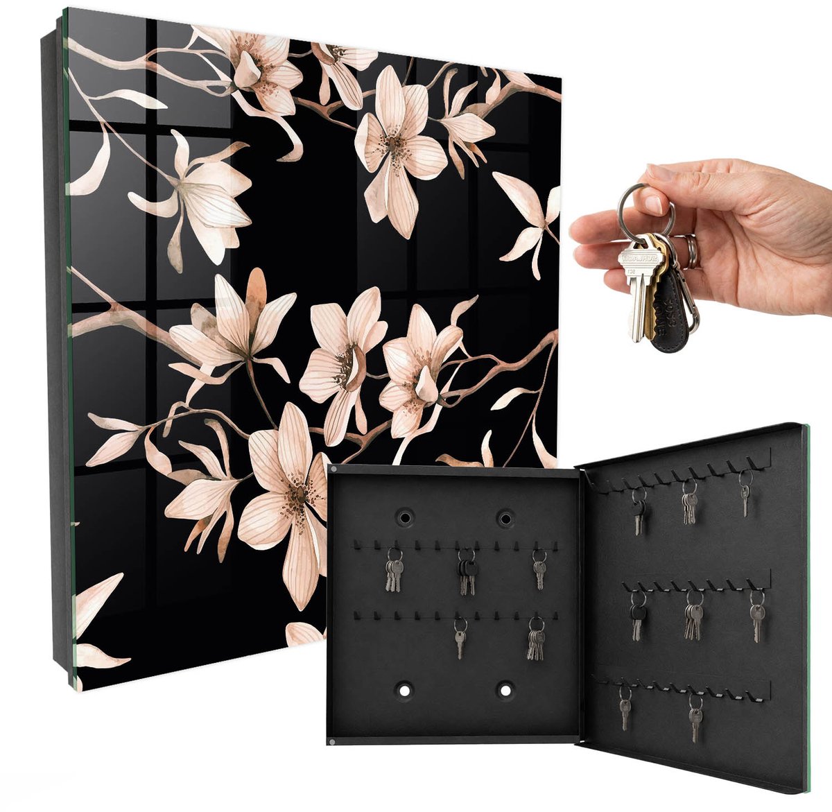 WallMuralia - Sleutelkast - 30x30x5 cm - met 50 haken - Crème Bloemen Sleutelkastje Muur - Zwart Sleutelbox - Rechtsopenend - Zwart interieur