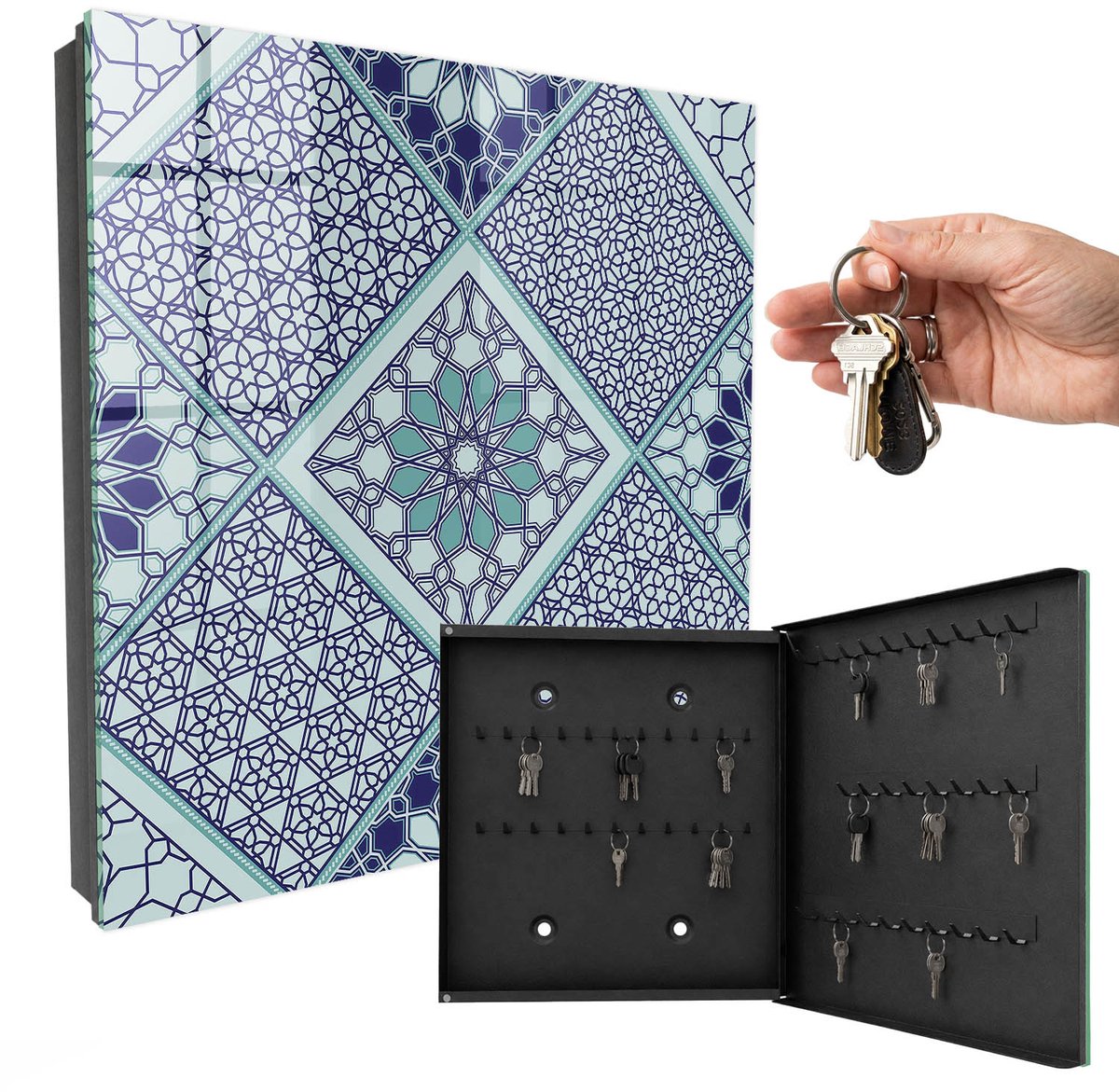 WallMuralia - Sleutelkast - 30x30x5 cm - met 50 haken - Geometrisch Patroon Sleutelkastje - Blauw Sleutelbox - Rechtsopenend - Zwart interieur