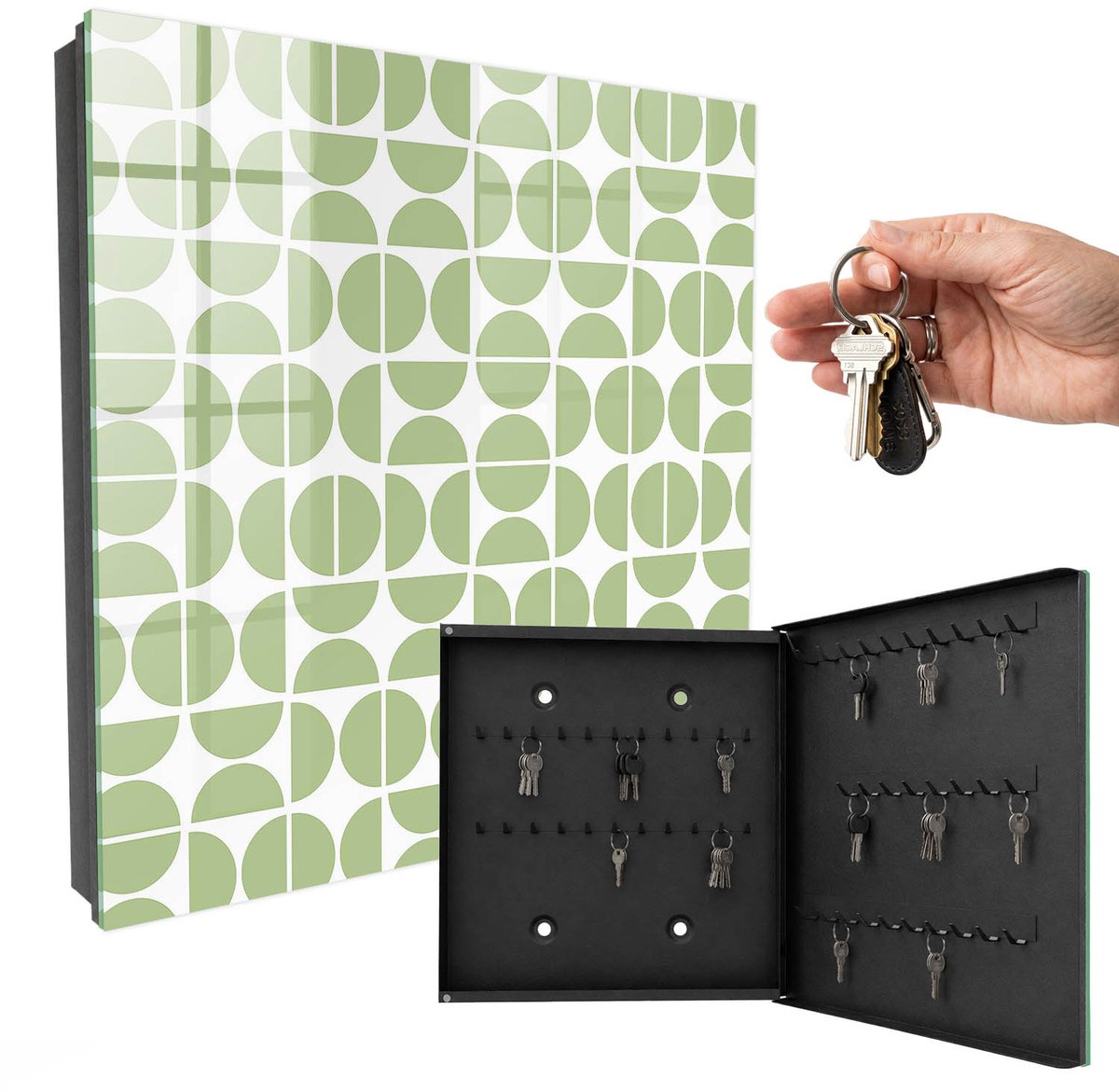 WallMuralia - Sleutelkast - 30x30x5 cm - met 50 haken - Groene Geometrie Sleutelkastje Modern - Groente Sleutelbox - Rechtsopenend - Zwart interieur
