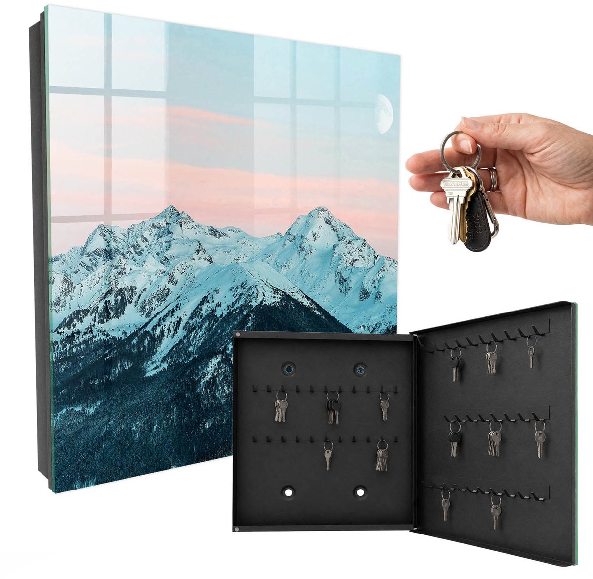 WallMuralia - Sleutelkast - 30x30x5 cm - met 50 haken - Bergvrede Sleutelkastje Muur - Wit Sleutelbox - Rechtsopenend - Zwart interieur