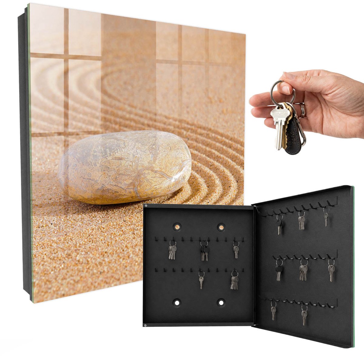 WallMuralia - Sleutelkast - 30x30x5 cm - met 50 haken - Een Steen In Het Zand Sleutelkastje Hal - Beige Sleutelbox - Rechtsopenend - Zwart interieur