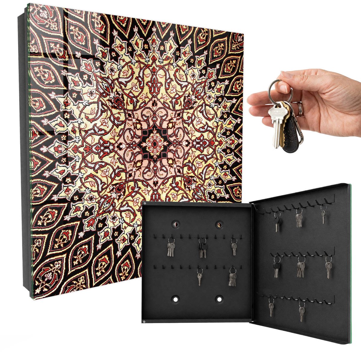 WallMuralia - Sleutelkast - 30x30x5 cm - met 50 haken - Complexe Patronen Sleutelkastje Landelijk - Beige Sleutelbox - Rechtsopenend - Zwart interieur