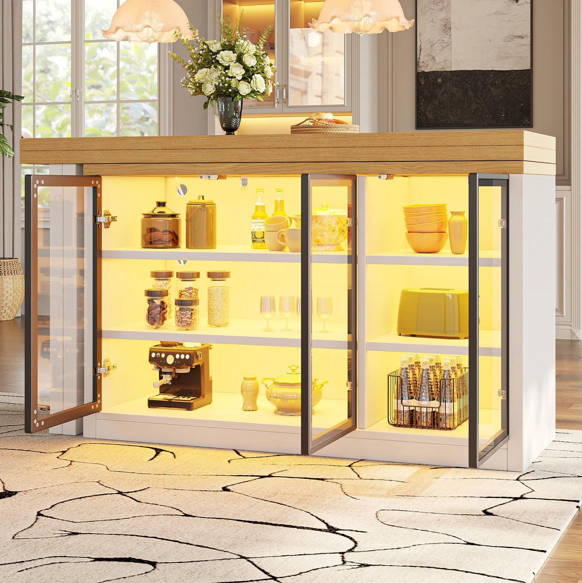 MIVRAY Eettafel - Uitschuifbaar En 360 Graden Draaibaar Met Slim Kleurlicht En Opbergkast - Modern Voor Keuken En Woonkamer - Wit - MDF En Glas