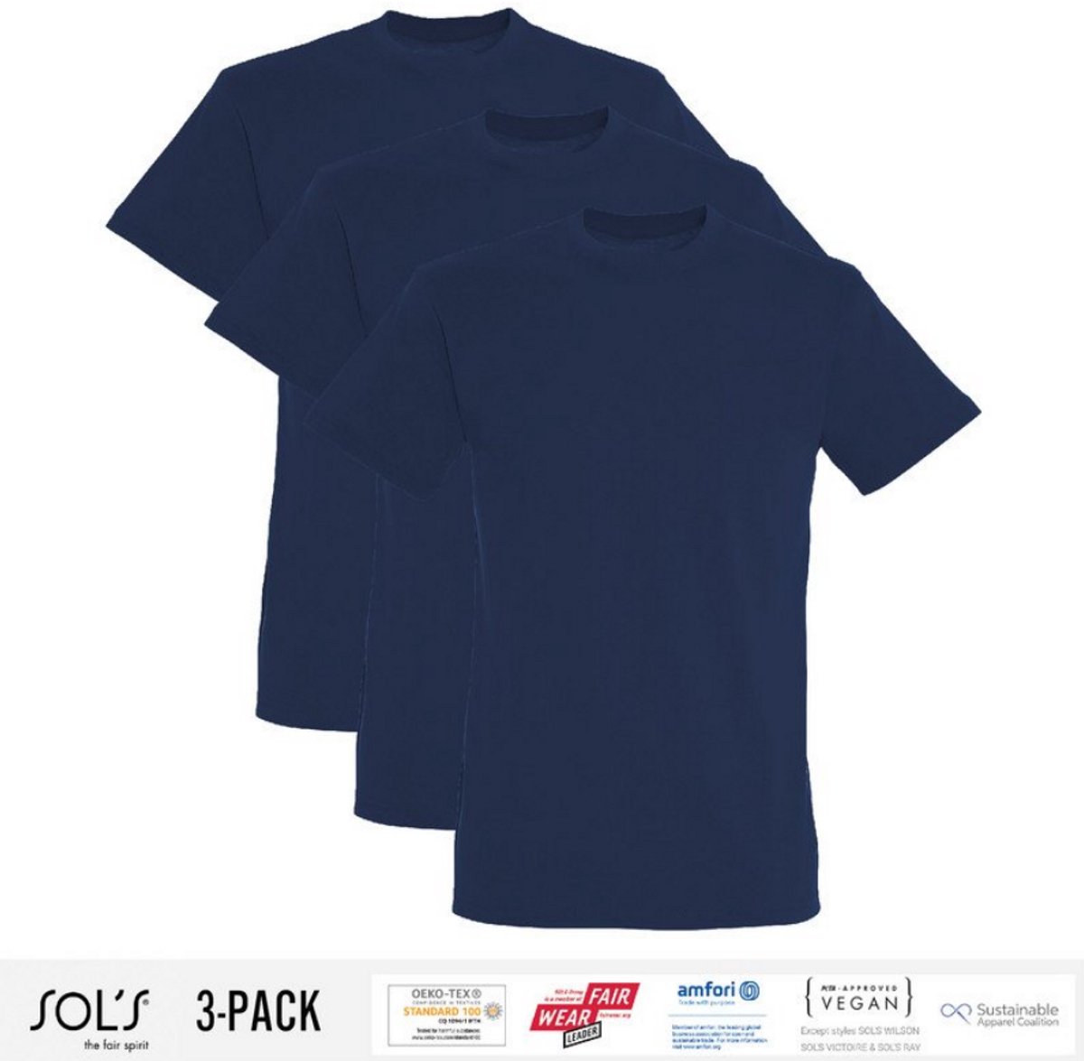 3 Pack Sol's Heren T-Shirt 100% biologisch katoen Ronde hals Navy Blue Maat XXL