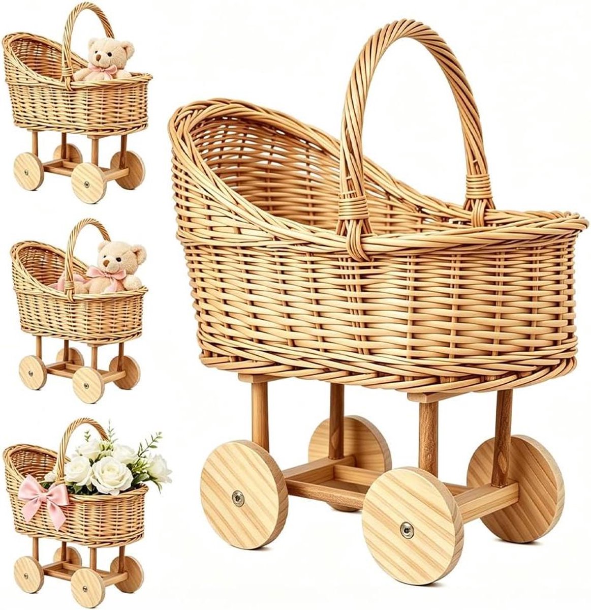 Rieten Kinderwagen - Decoratieve Mand - Feestelijke Decoratie - Handgeweven Vakmanschap - 36x27x20cm - Natuurlijk