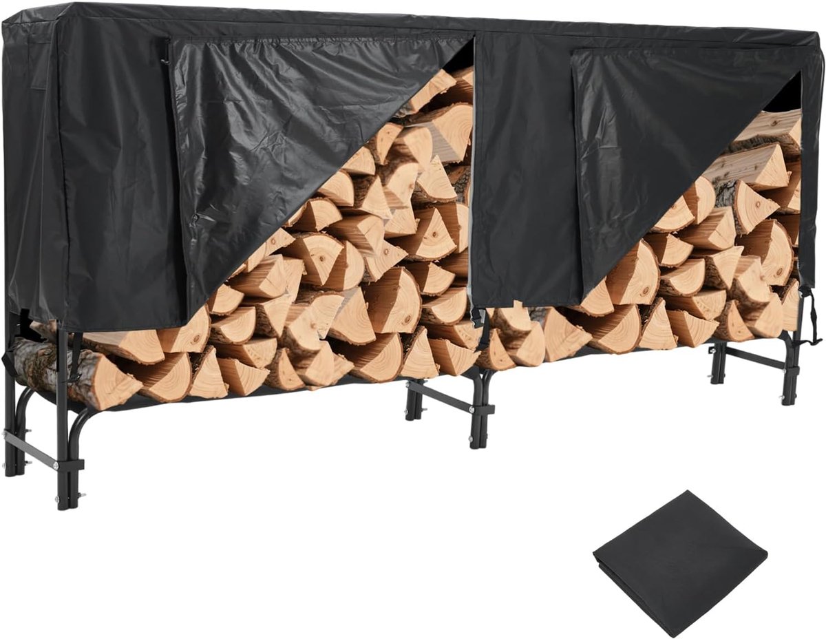 Haardhoutrek met Hoes 244 cm (8FT) - Houtopslag Buiten Metaal - Heavy Duty Haardhouthouder met Waterdichte 600D Oxford Beschermhoes - Zwart