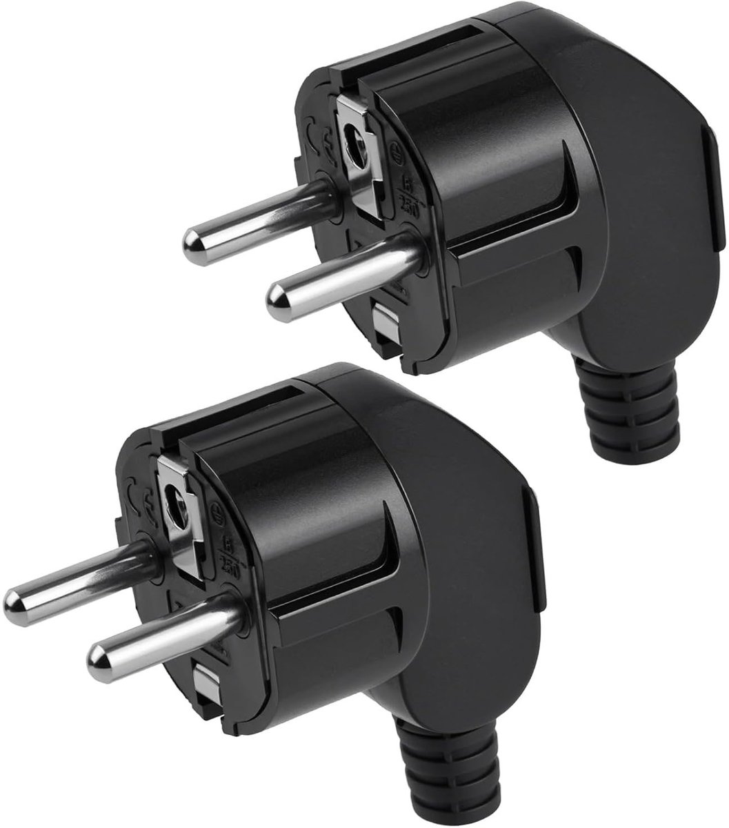 Eurostekker, 2 stuks, 250 V, 16 A, geaarde stekker, eurostekker voor 8-10 mm kabel, IP44, duurzaam en breukvast (zwart)