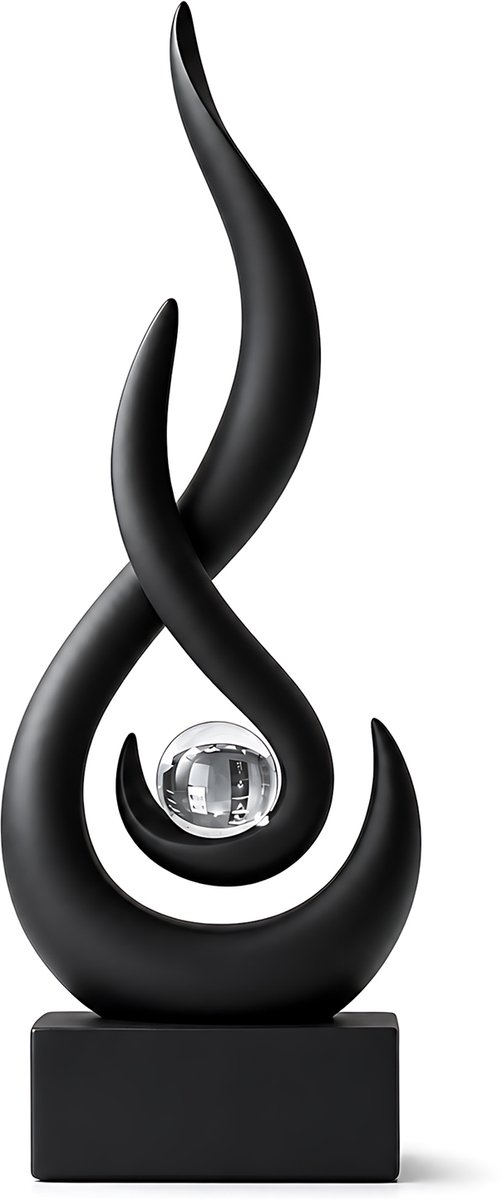 Abstracte sculptuur met glanzende bol - Zwart harsbeeld - 29 x 10,5 x 4,5 cm - Decoratie voor wijnkast, woonkamer, dressoir, hal, kantoor en cadeau