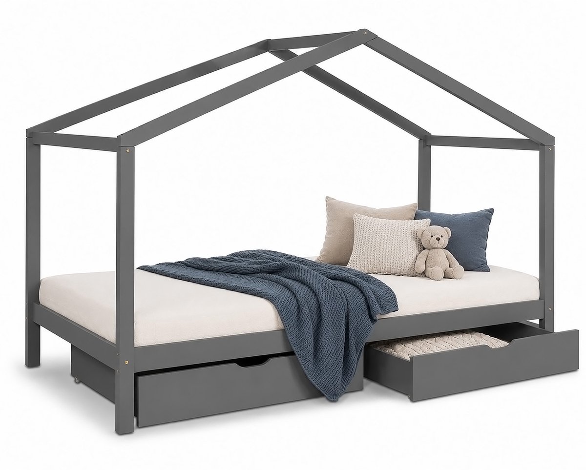 Homestyle4u Kinderbed - 90x200 cm - Huisbed - Grijs