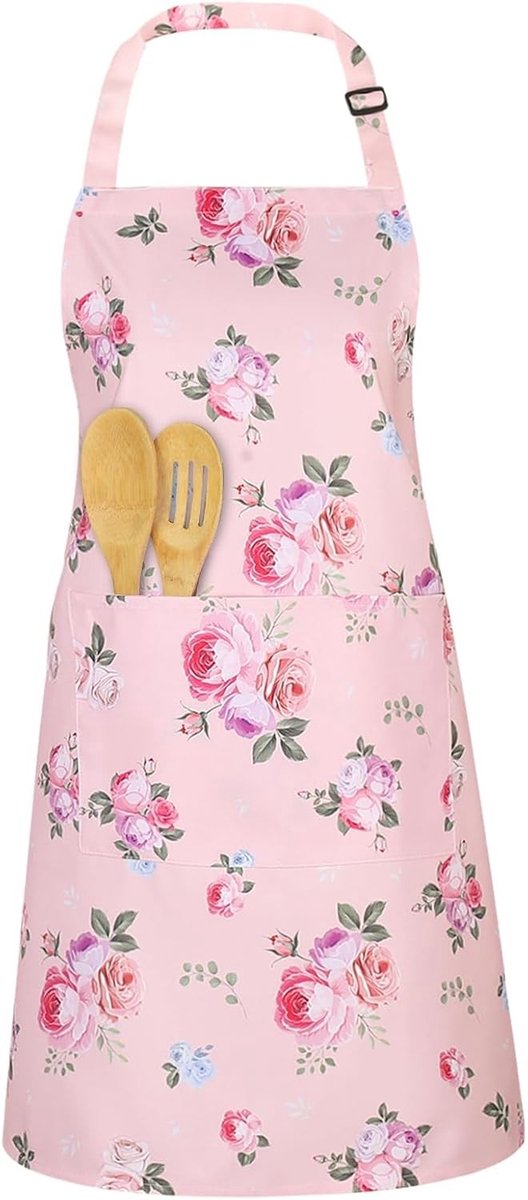 Stijlvolle Roze Keuken Schort voor Vrouwen met Bloemenprint, Verstelbaar en Waterproof, Ideaal voor Koken en BBQ, 67 x 70.5 cm