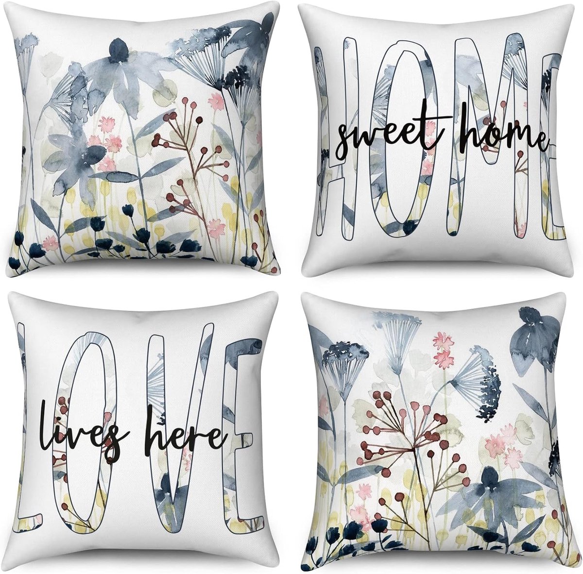 SnelShoppen - Set van 4 Bloemen Kussenslopen 40x40cm Waterverf Vintage Blauwe Bloem Plant Decoratieve Kussenslopen Aesthetic Art Linnen voor Bank Bed