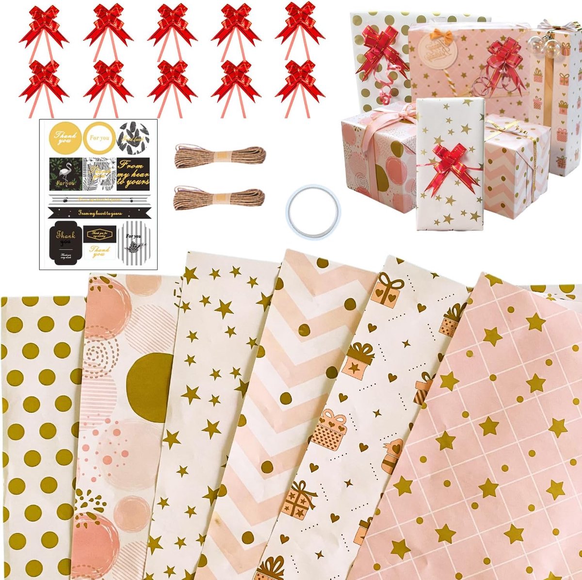SnelShoppen - Cadeaupapier Verjaardag 6 Vellen Voor Kinderen - Happy Birthday - Henneptouw & Dubbelzijdig Plakband - Geschenken Verpakking - Feest Bab