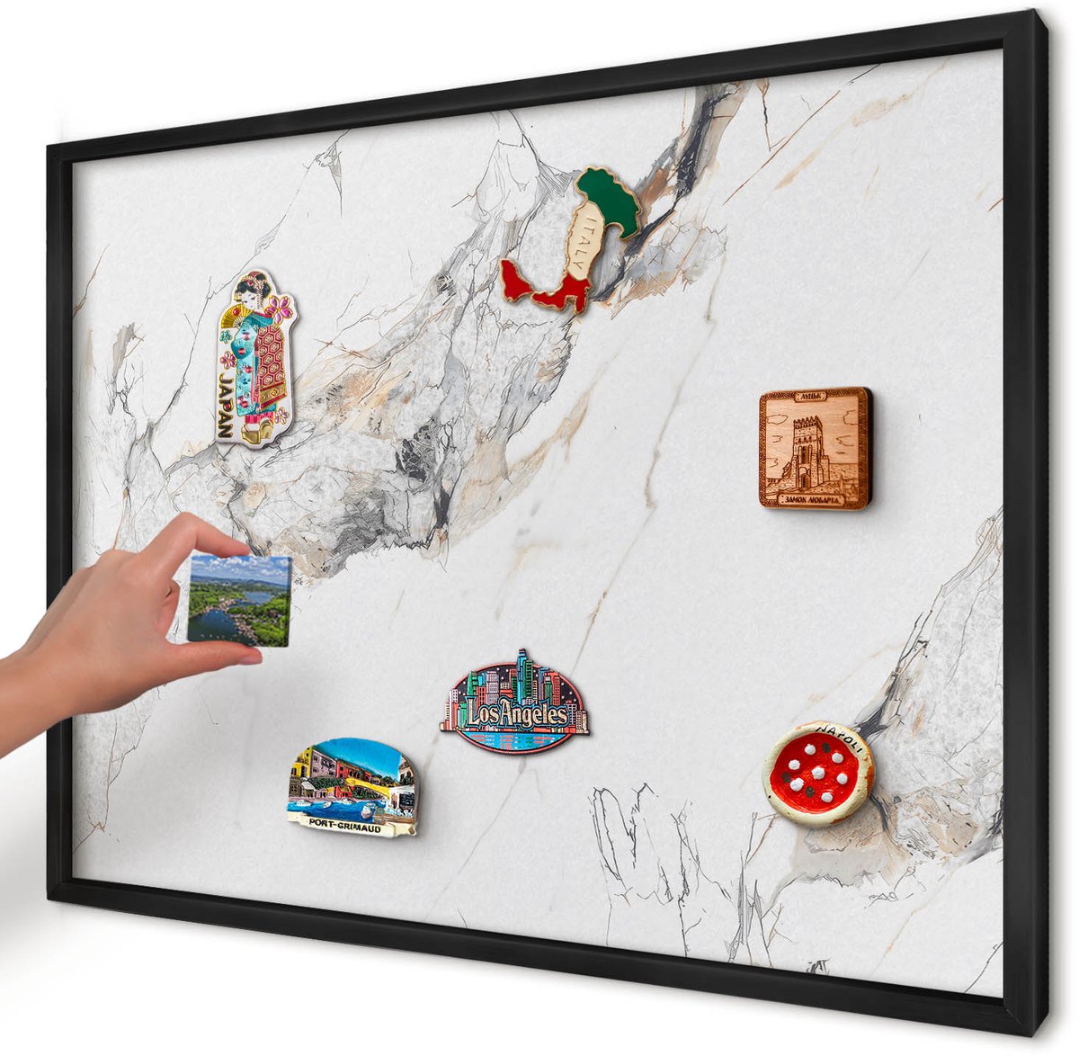 Artprintcave Wit Magneetbord mit Zwart Frame - 70x50 cm - Marmereffect Magneetbord Voor Foto's - Minimalist Notitiebord - Texturen