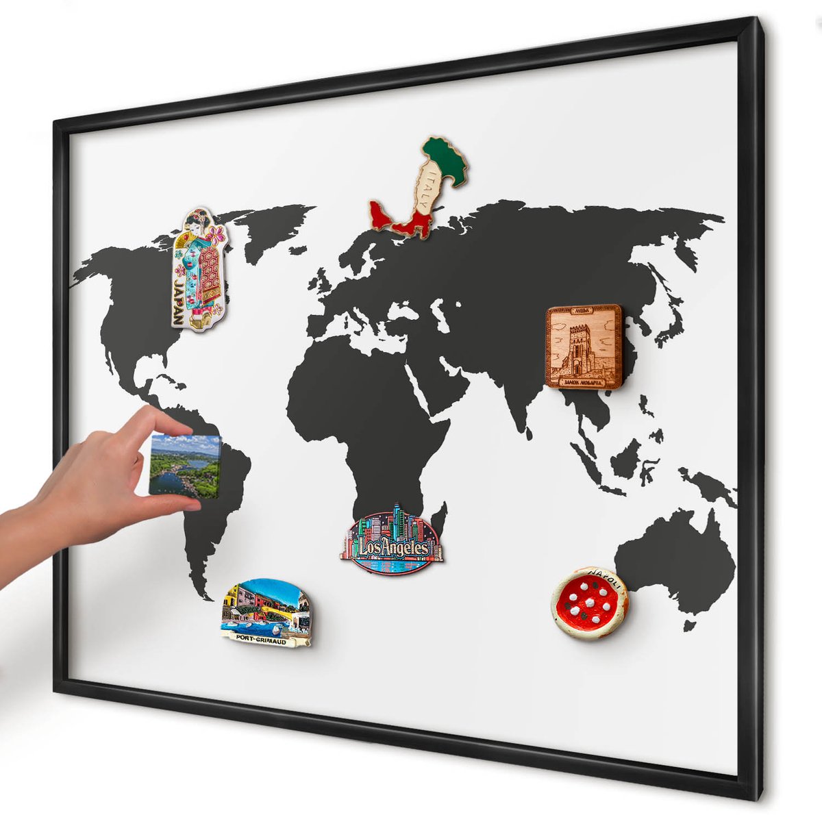 Artprintcave Zwart Magneetbord mit Zwart Frame - 80x60 cm - Wereldkaart Wandbord Magnetisch - Minimalist Magnetisch Bord - Kaarten