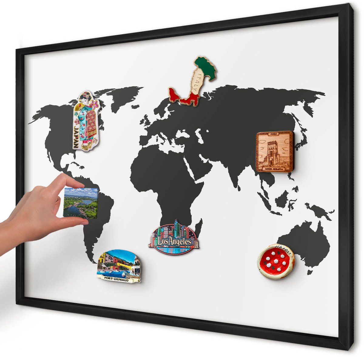 Artprintcave Zwart Magneetbord mit Zwart Frame - 70x50 cm - Wereldkaart Magneetbord Voor Foto's - Minimalist Bord Voor Magneten - Kaarten