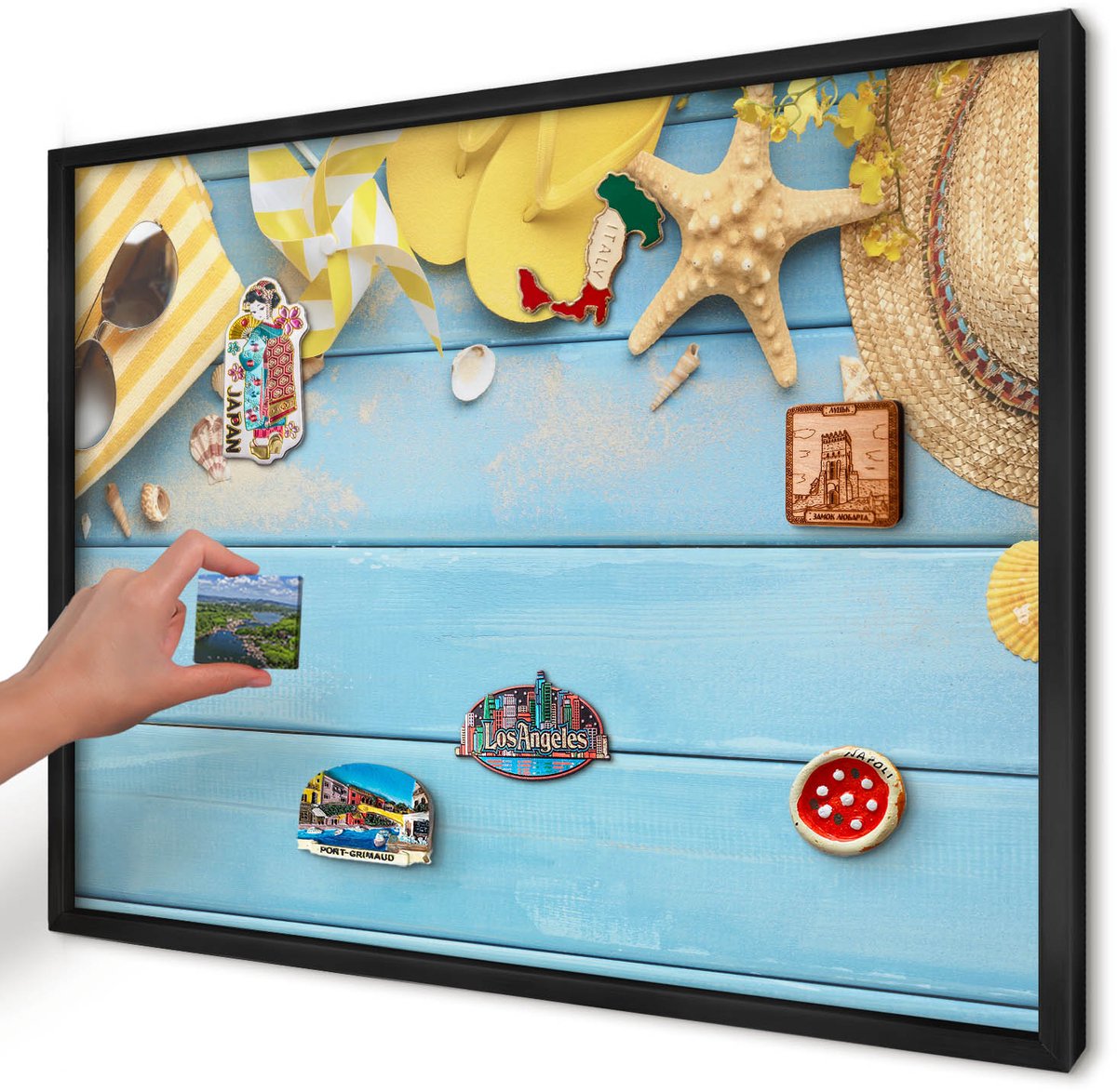 Artprintcave Blauw Magneetbord mit Zwart Frame - 70x50 cm - Strandsfeer Magneetbord Voor Keuken - Boho Magnetisch Bord Voor Magneten - Reis