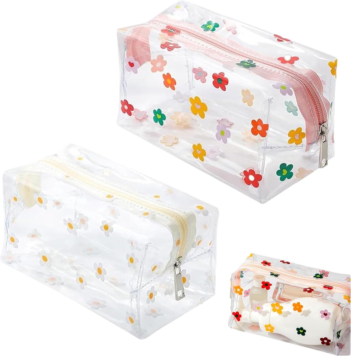 Transparante Reisset van 2 Cosmetica- en Toilettasjes – Ruime, waterdichte opbergtassen met bloemen- en hartmotief - ShopVlot