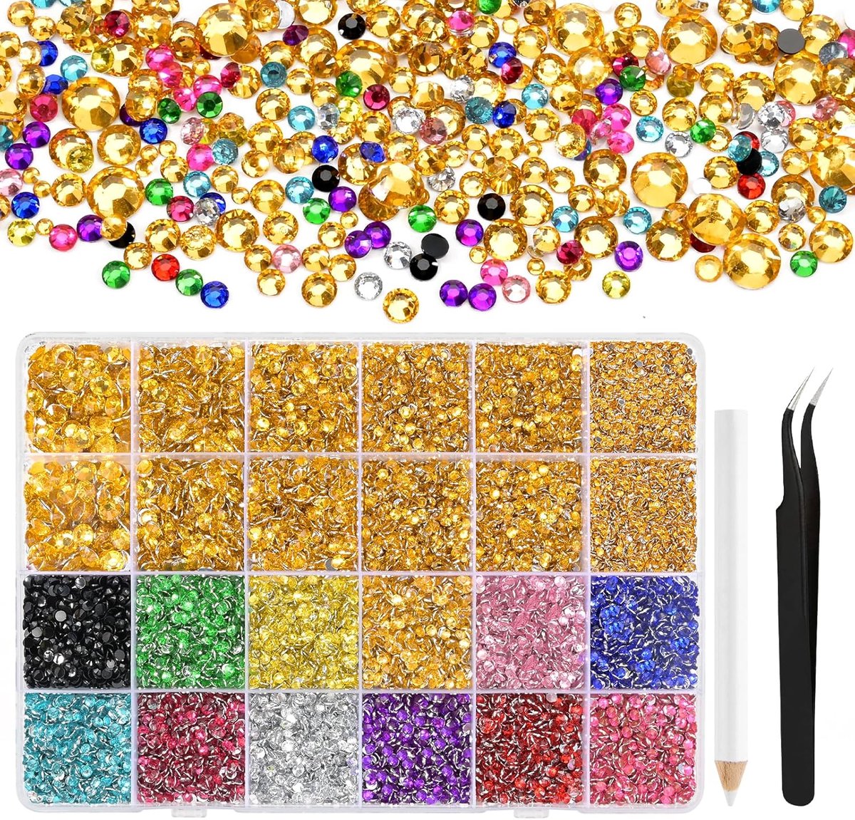 Strassteentjes van kunsthars, 2-6 mm, meerkleurig, goud, platte ronde jelly-strassteentjes, geschikt voor nailart, gezichtsbeschildering, kostuums en andere doe-het-zelf-creaties (met pincet)