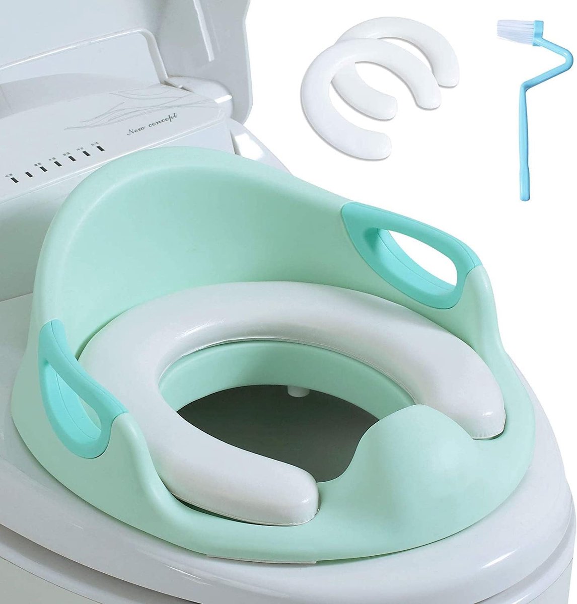 SnelShoppen - Kinder Toiletbril voor Jongens en Meisjes, Toilettrainer met Comfortabele Rugleuning en Handvat, Geschikt voor Ronde en Ovale Toiletten,